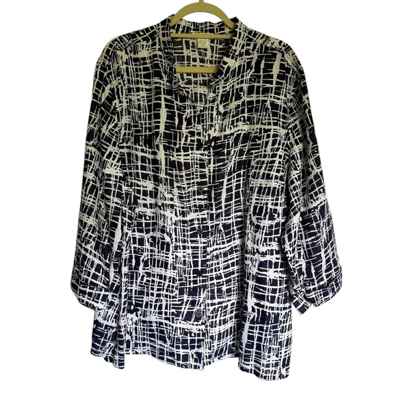 Tweeds Navy White Abstract Print 100% Linen Button Down Blouse Plus Size 3X - Picture 1 of 11
